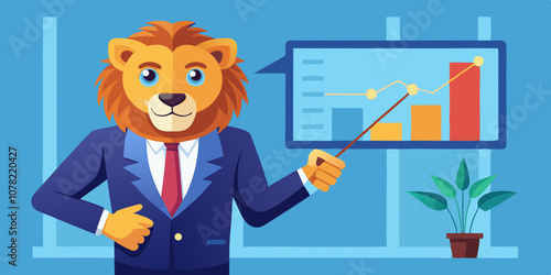 Business lion in suit presenting detailed growth graph on large screen, using pointer to explain financial data. Corporate lion leader presenting financial progress report in business meeting