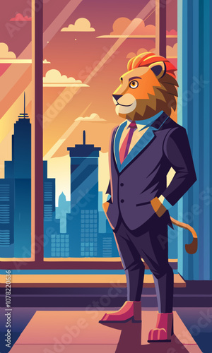 Lion in a suit and boots standing by the window, watching the sunrise over the city before the workday begins