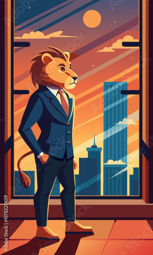 Lion in a suit and boots standing by the window, watching the sunrise over the city before the workday begins