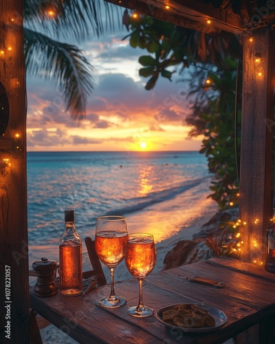 Romantic Beach Sunset with Wine and Lights  
 photo