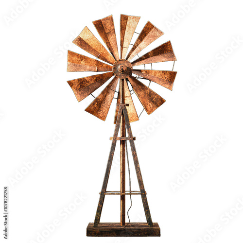 Rustic windmill with weathered metal blades and wooden base, perfect for vintage decor or farm themed settings. This piece adds nostalgic touch to any space