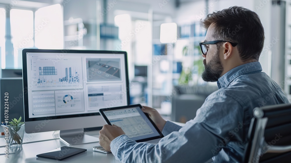 Man working on multiple screens in modern office Man working on multiple screens in modern office