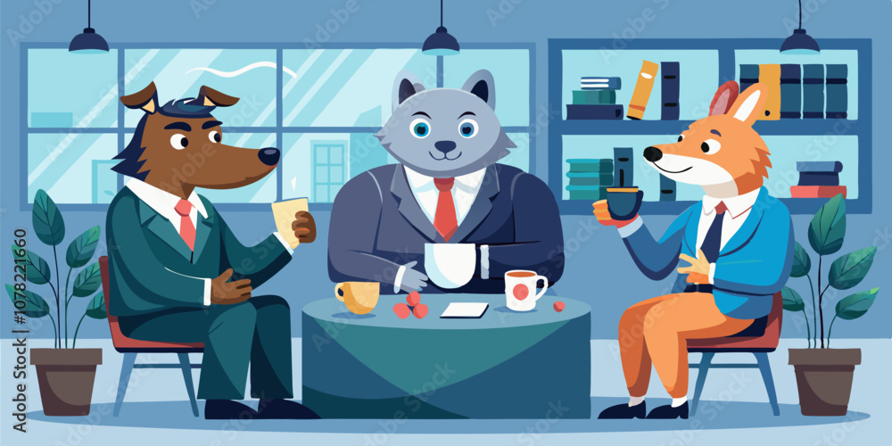 Bear, wolf, and rabbit in business attire having a casual business discussion over coffee in a modern office lobby. Animal professionals working together in corporate workspace, discussing ideas. Bear, wolf, and rabbit in business attire having a casual business discussion over coffee in a modern office lobby. Animal professionals working together in corporate workspace, discussing ideas.