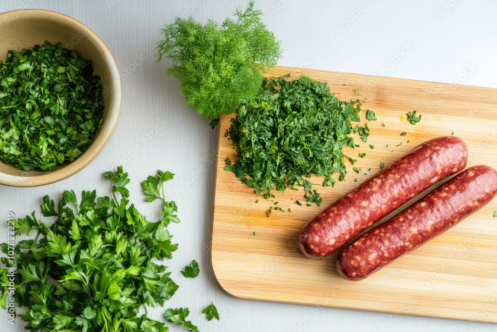 Fresh herbs and sausages arranged on a cutting board, ready for preparation, emphasizing vibrant ingredients.. Fresh herbs and sausages arranged on a cutting board, ready for preparation, emphasizing vibrant ingredients..