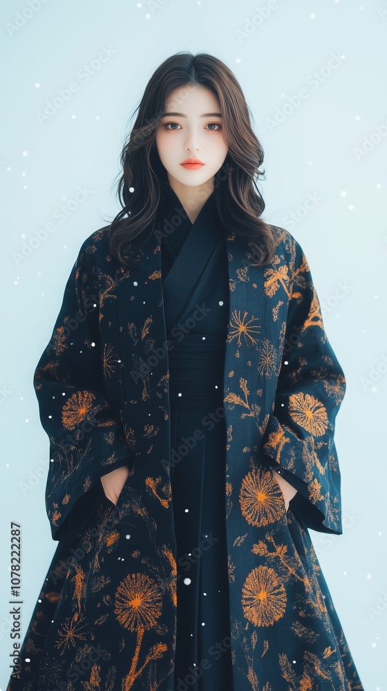 Elegant portrait of a woman in a traditional-inspired dark floral robe, set against a light snowy background. Perfect for winter fashion and cultural themes. Elegant portrait of a woman in a traditional-inspired dark floral robe, set against a light snowy background. Perfect for winter fashion and cultural themes.