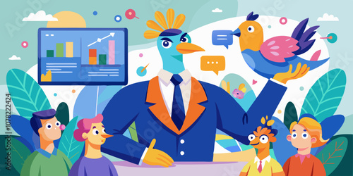 Peacock in a colorful business suit presenting a business plan to an audience of animals in a corporate meeting