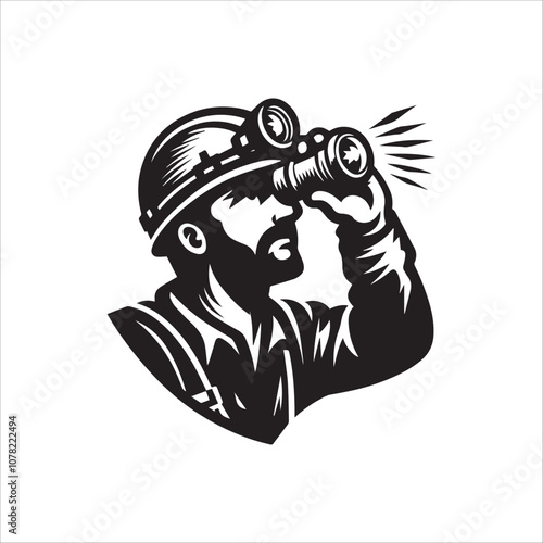 Coal Miner with Headlamp and Flashlight. A vintage-style illustration of a coal miner with a headlamp and flashlight.