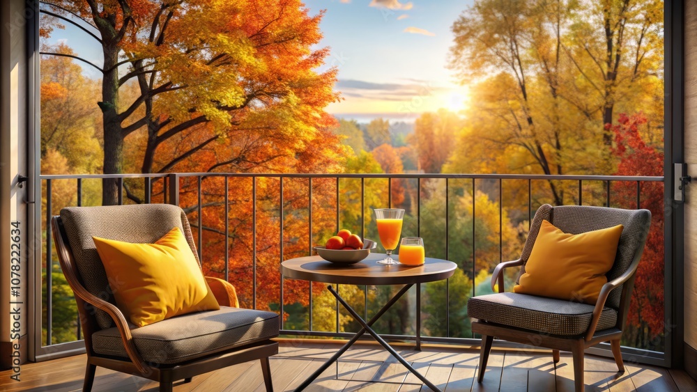 Fototapeta premium Cozy Balcony View from a Stylish Apartment Overlooking an Autumn Park with Coffee Table, Chair, and Fresh Orange Juice in a Serene Atmosphere