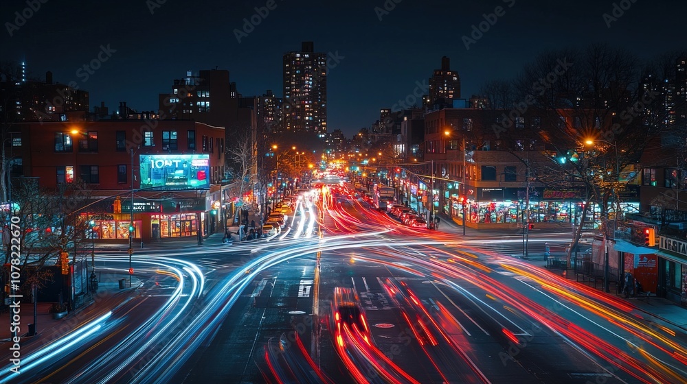 Obraz premium Night view of a bustling urban intersection with bright lights and car trails