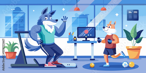 Wolf and rabbit working out together in a sleek office gym. Remote workout session in modern office environment, virtual fitness training, office gym setting.
