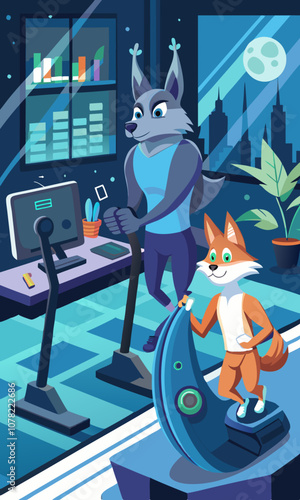 Wolf and rabbit working out together in a sleek office gym. Remote workout session in modern office environment, virtual fitness training, office gym setting.
