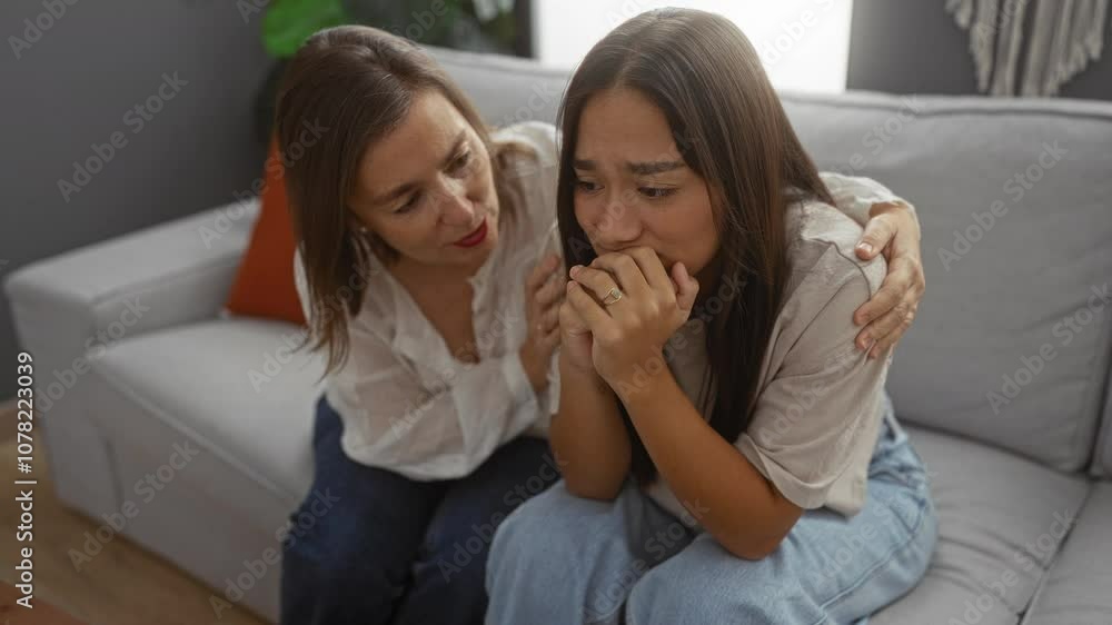 Mother comforting daughter at home showing love and support while sitting on a couch in the living room Mother comforting daughter at home showing love and support while sitting on a couch in the living room