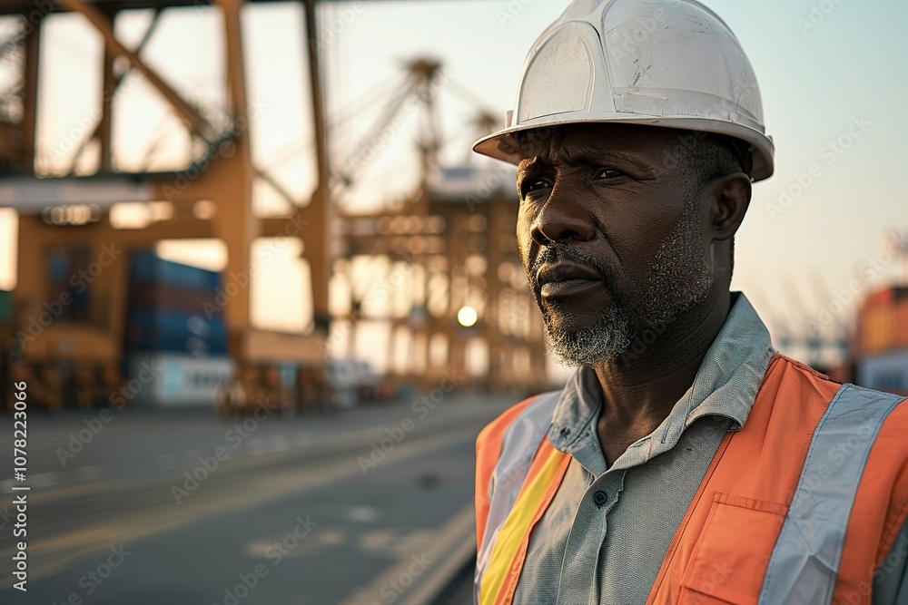 Man in hard hat at industrial site during sunset Man in hard hat at industrial site during sunset