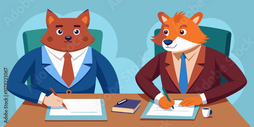 Bear and fox in business attire negotiating contract terms at a professional table. Bear and fox business partners discussing strategy and reviewing agreements before signing at negotiation meeting.