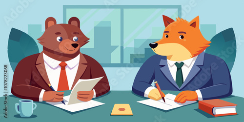 Bear and fox in business attire negotiating contract terms at a professional table. Bear and fox business partners discussing strategy and reviewing agreements before signing at negotiation meeting.