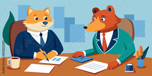 Bear and fox in business attire negotiating contract terms at a professional table. Bear and fox business partners discussing strategy and reviewing agreements before signing at negotiation meeting.