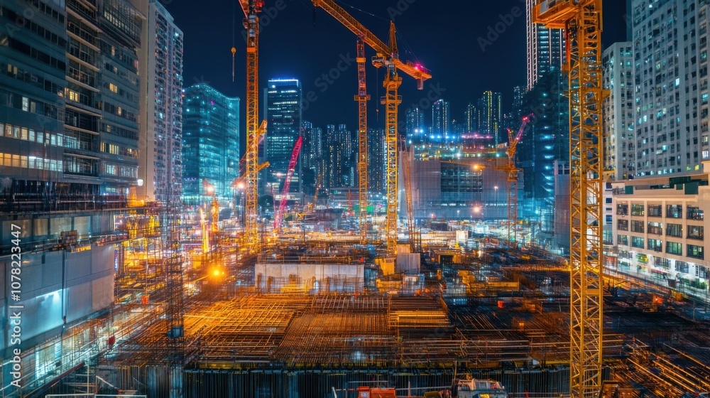 Fototapeta premium Nighttime construction site illuminated by cranes and lights.