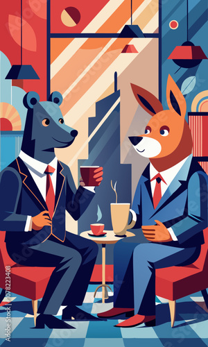 A rabbit and a bear in business suits, enjoying a casual coffee break in a chic office lounge, with modern art on the walls.
