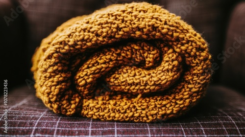 Close-up of a Rolled-up Golden-Brown Knit Blanket