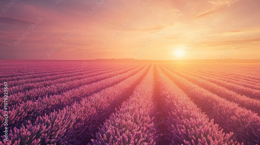 Serene Lavender Fields at Sunset with Vibrant Colors Filling the Sky Over Rows of Lavender Blooms in a Picturesque Landscape Serene Lavender Fields at Sunset with Vibrant Colors Filling the Sky Over Rows of Lavender Blooms in a Picturesque Landscape