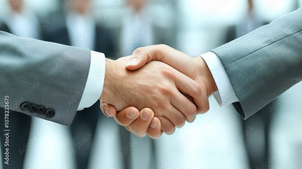 Two business leaders shaking hands in focus, with a blurred team in the background, HDR dynamic lighting, representing success and teamwork Two business leaders shaking hands in focus, with a blurred team in the background, HDR dynamic lighting, representing success and teamwork