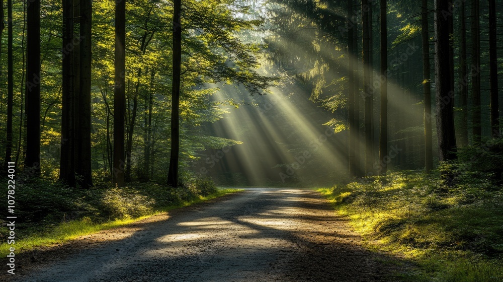 Serene Sunlight Streaming Through a Dense Forest Canopy, Illuminating a Peaceful Dirt Path Surrounded by Lush Greenery, Invoking a Sense of Tranquility and Nature's Beauty Serene Sunlight Streaming Through a Dense Forest Canopy, Illuminating a Peaceful Dirt Path Surrounded by Lush Greenery, Invoking a Sense of Tranquility and Nature's Beauty