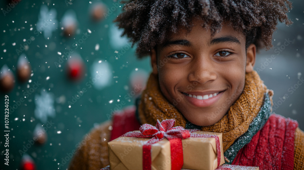 Festive Portrait of African American Teen Male Wearing Holiday Vest And Scarf Holding Christmas Gift Festive Portrait of African American Teen Male Wearing Holiday Vest And Scarf Holding Christmas Gift