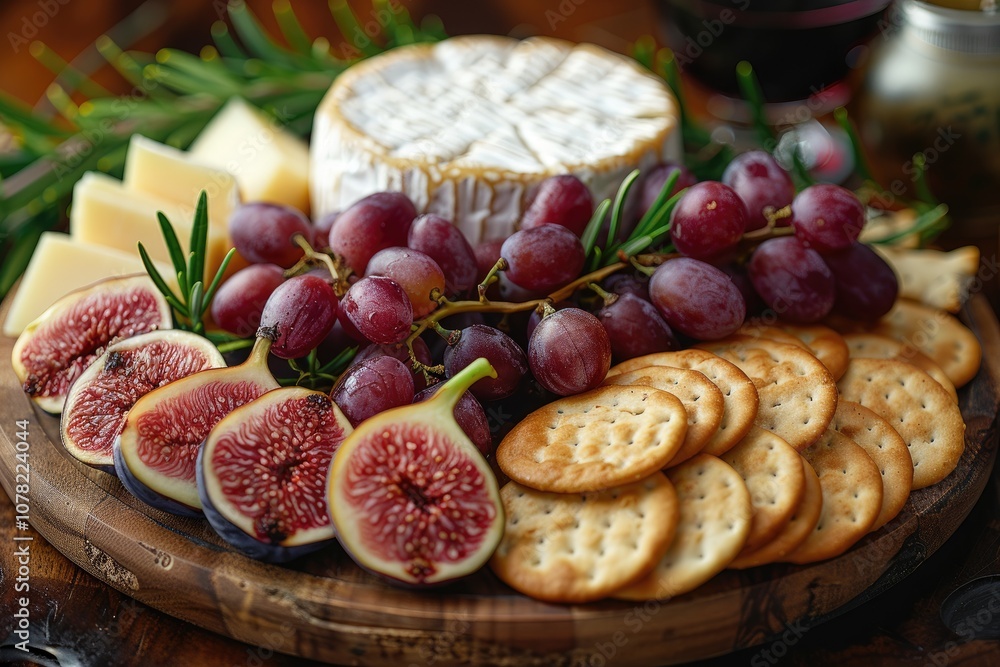 A Rustic Wooden Serving Board Filled with Cheese, Grapes, Figs, and Crackers A Rustic Wooden Serving Board Filled with Cheese, Grapes, Figs, and Crackers