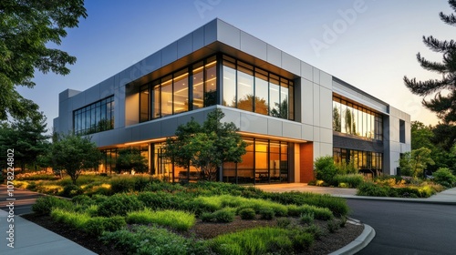 Modern building surrounded by landscaped greenery at sunset.