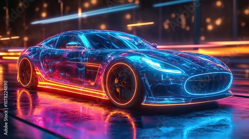 a automobile car with neon style 3d rendering