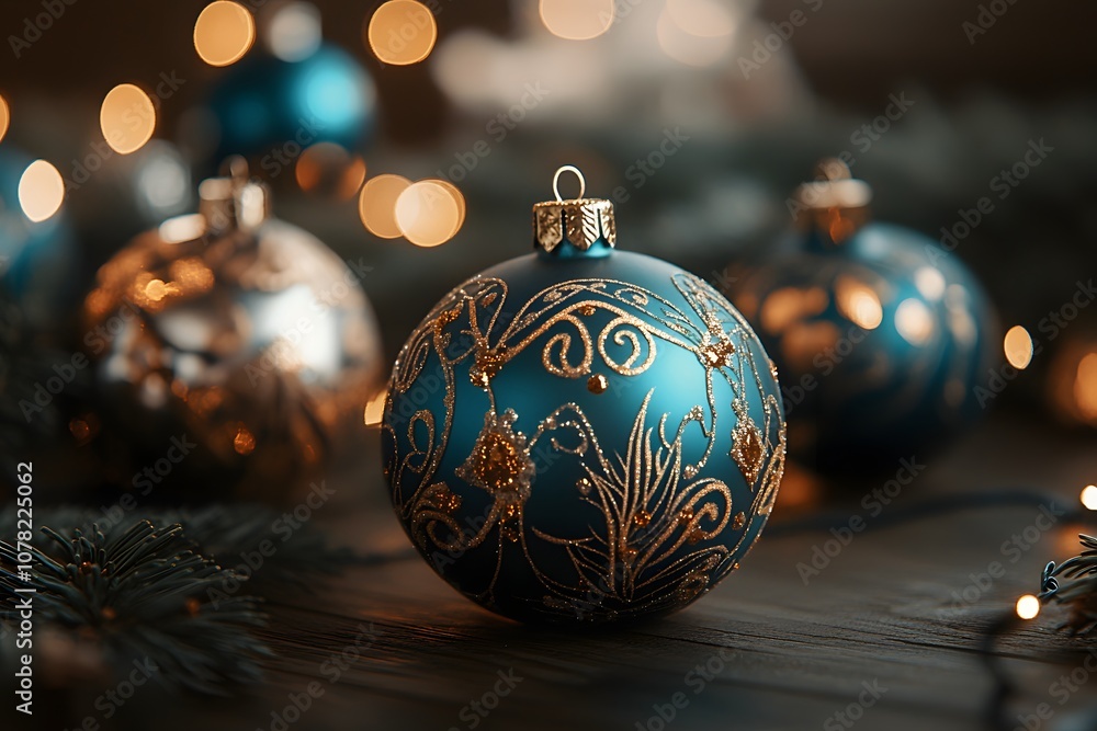 A close-up of several blue and gold Christmas ornaments on a table, Christmas tree decorations, a Christmas ball with a pattern, on a wooden background A close-up of several blue and gold Christmas ornaments on a table, Christmas tree decorations, a Christmas ball with a pattern, on a wooden background