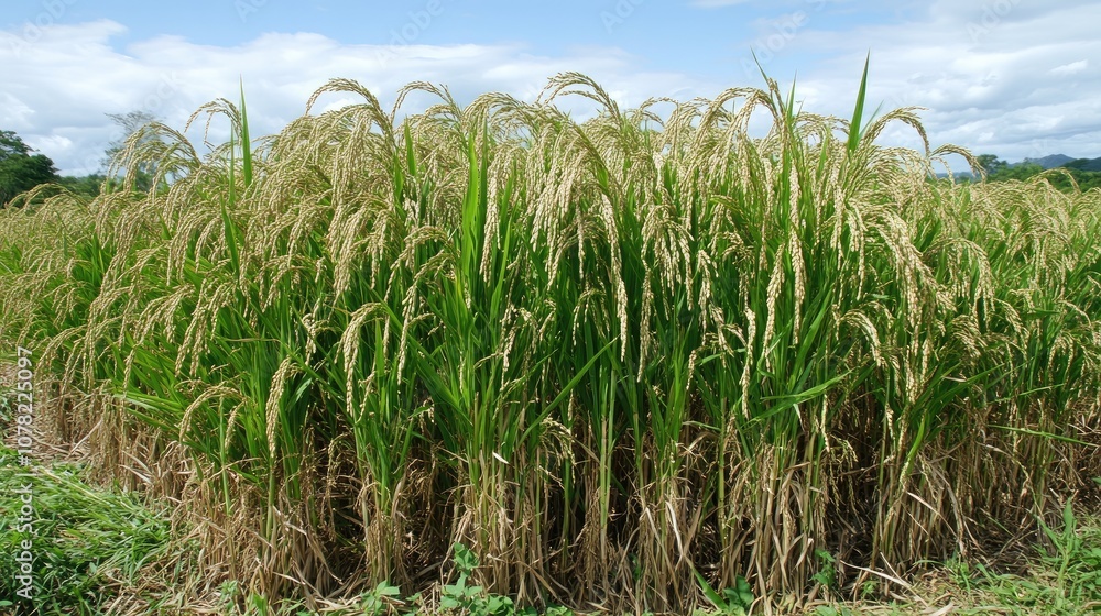 Lush Green Rice Field Under Clear Blue Sky with Ripening Grain Heads, Capturing the Essence of Agricultural Abundance and Rural Serenity in Nature Lush Green Rice Field Under Clear Blue Sky with Ripening Grain Heads, Capturing the Essence of Agricultural Abundance and Rural Serenity in Nature