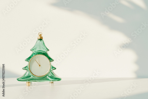 Alarm clock in the form of a Christmas tree on a white background with space for text.  Concept: time of New Year holidays and Christmas. 