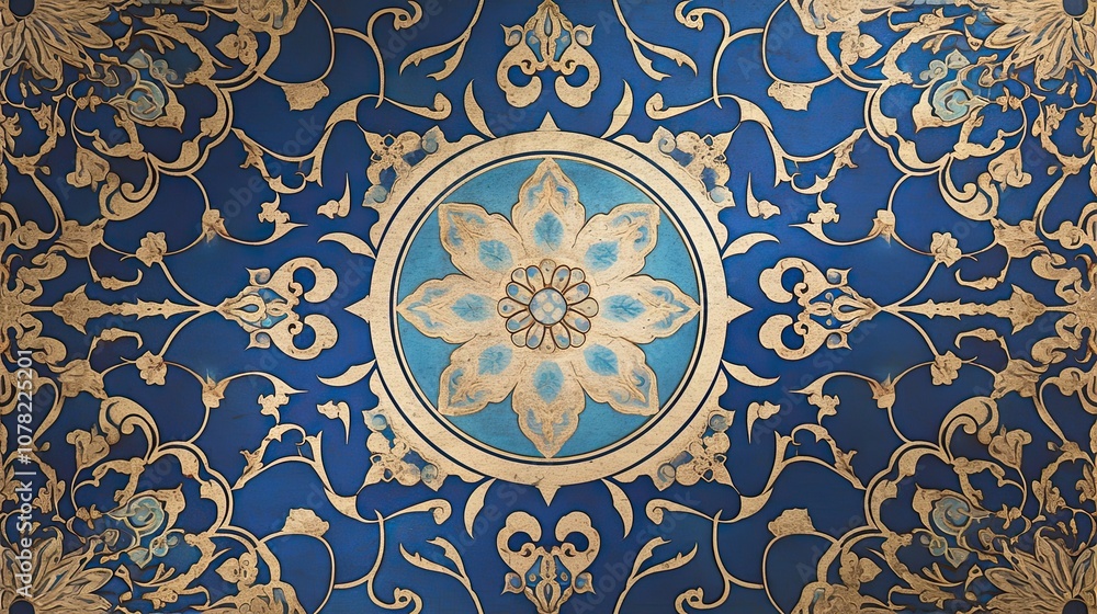 Intricate Gold and Blue Floral Design on a Tile Intricate Gold and Blue Floral Design on a Tile