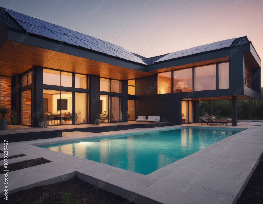 Fototapeta premium Casa moderna con piscina e pannelli solari.