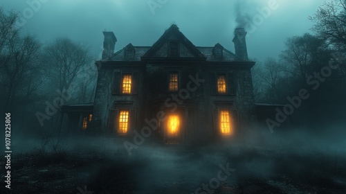 A haunted mansion shrouded in fog with glowing windows.