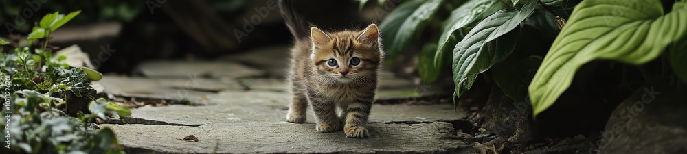 Curious Kitten's First Garden Adventure Among Lush Greenery Curious Kitten's First Garden Adventure Among Lush Greenery