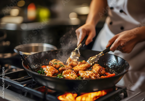 hand chef cooking  chicken in the pan