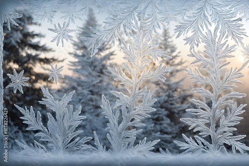 A frosty window with ice patterns and a view of a christmas tree outside, AI Generated