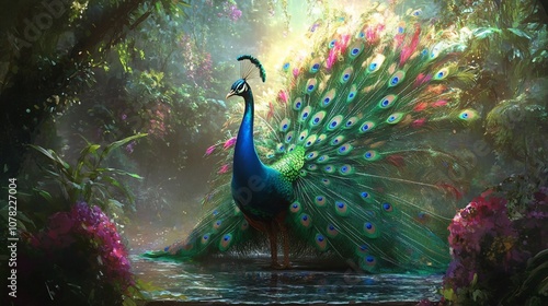 A majestic peacock with its tail feathers spread wide in a lush, tropical forest.