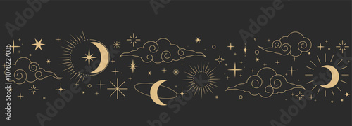 Celestial seamless border, witch spiritual decoration with asian clouds moon, sun burst and stars. line astrology pattern, minimal geometric background.
