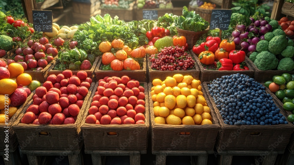 Vibrant display of fresh fruits and vegetables at a market. Vibrant display of fresh fruits and vegetables at a market.