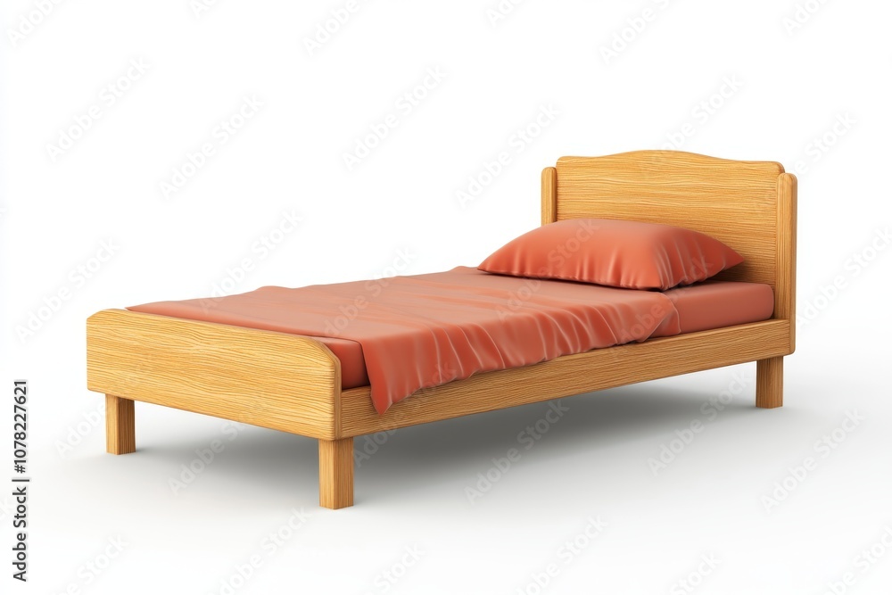 Wooden Single Bed with Orange Bedding and Pillow 3D Render Wooden Single Bed with Orange Bedding and Pillow 3D Render