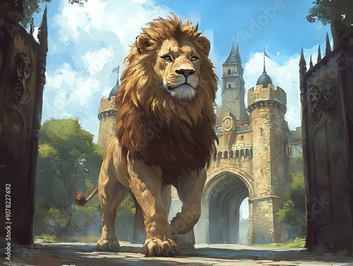 A majestic lion stands guard at the entrance to a grand castle, with a backdrop of lush greenery and a towering structure. photo