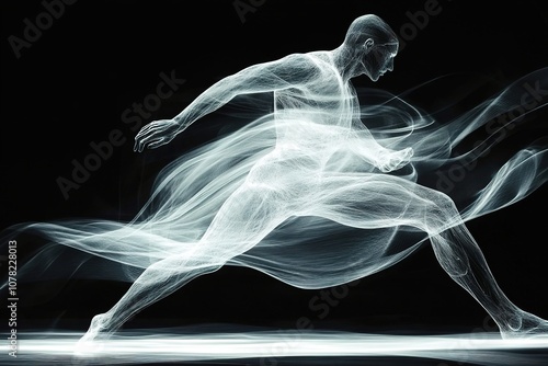 Ethereal human form in motion with dynamic energy trails. photo