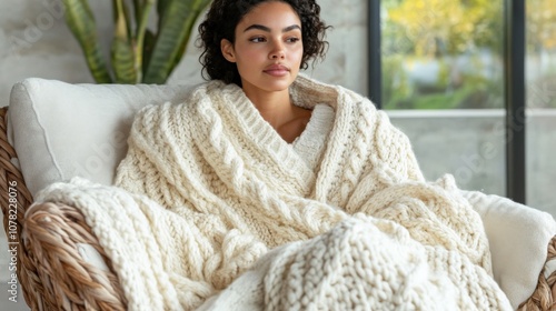 Cozy Indoor Scene with Young Woman in Chunky Knit Blanket