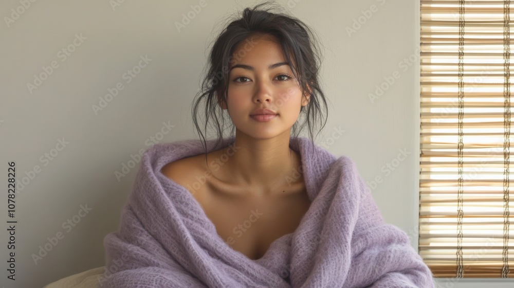 Serene Portrait of a Woman Wrapped in Soft Lavender Blanket Serene Portrait of a Woman Wrapped in Soft Lavender Blanket