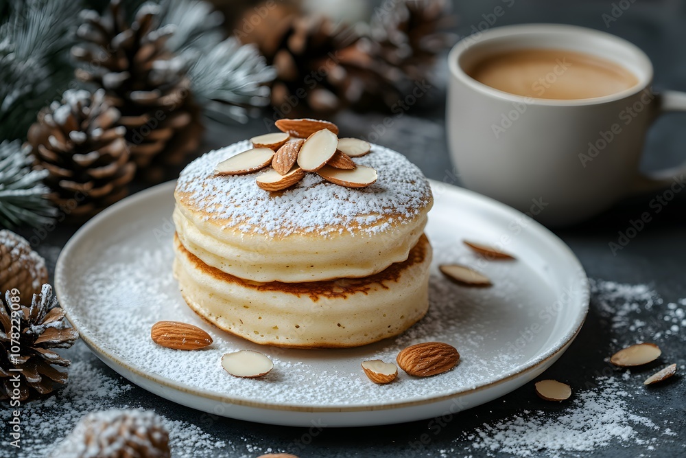a stack of fluffy pancakes on a white plate, dusted with powdered sugar and topped with sliced almonds, surrounded by pine cones and Christmas decorations a stack of fluffy pancakes on a white plate, dusted with powdered sugar and topped with sliced almonds, surrounded by pine cones and Christmas decorations
