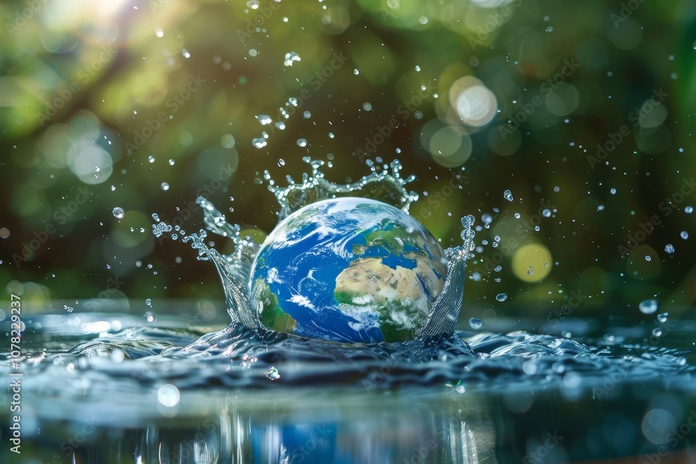 A Globe Splashes Into Water Creating Vibrant Ripples and Droplets in a Lush Green Environment During the Day A Globe Splashes Into Water Creating Vibrant Ripples and Droplets in a Lush Green Environment During the Day