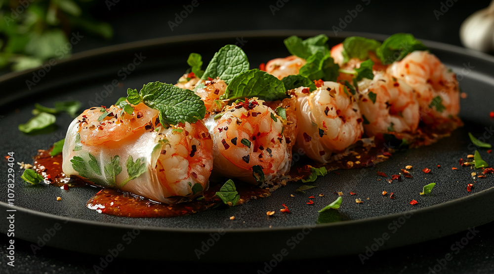 Shrimp spring rolls with mint and a spicy sauce are served on a black plate Shrimp spring rolls with mint and a spicy sauce are served on a black plate